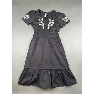 NEW FRENCH CONNECTION Black Cotton Embroidered Puff Sleeve Ruffled Midi Dress M